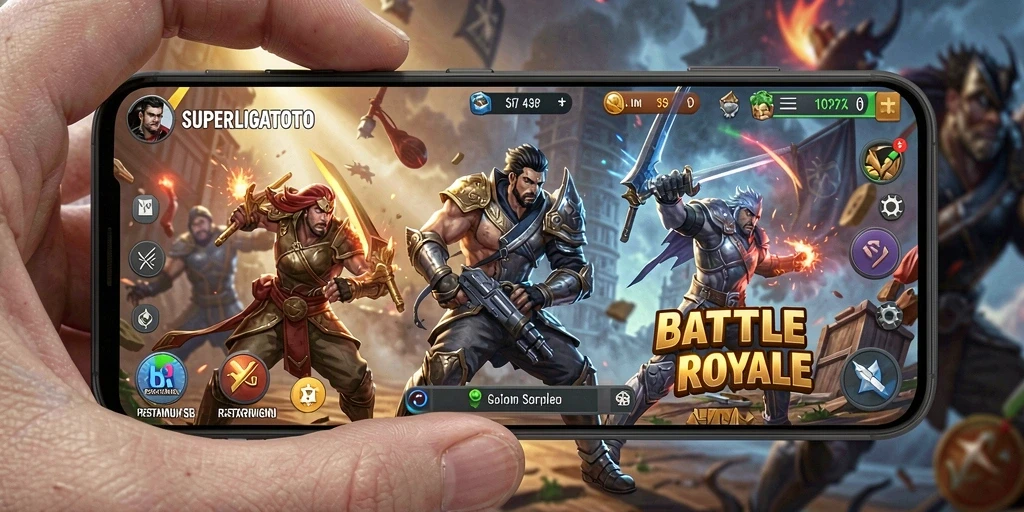 Tangkapan layar SUPERLIGATOTO menampilkan aksi pertarungan tim dalam mode Battle Royale.