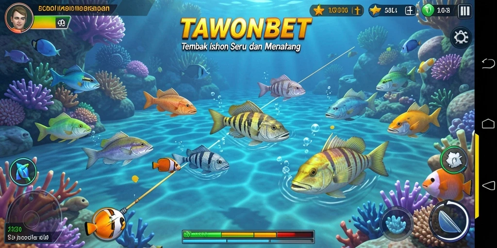 Tampilan gameplay seru TAWONBET dengan berbagai ikan yang menunggu untuk ditembak.