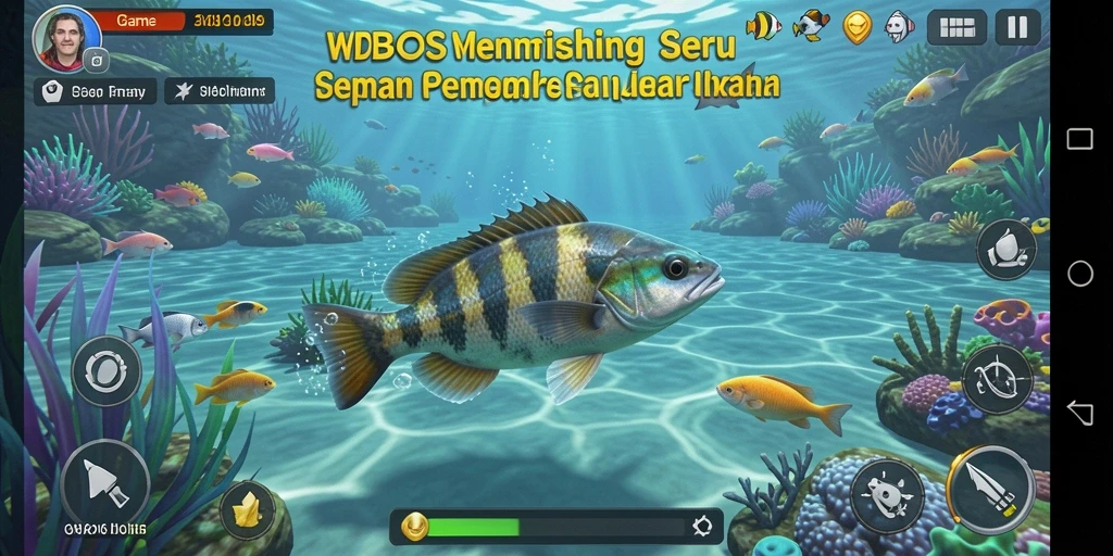 Screenshot gameplay WDBOS menampilkan aksi menangkap ikan yang seru.